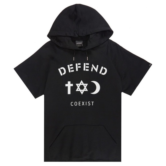 NEW NWT  DEFEND Co-Exist Cut-Off Black Hoodie Small - Picture 1 of 4